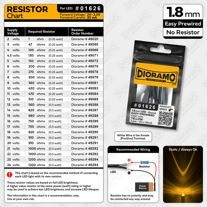 1.8mm Yellow LED. Clear Lens. No Resistor Prewired. 2 pcs.