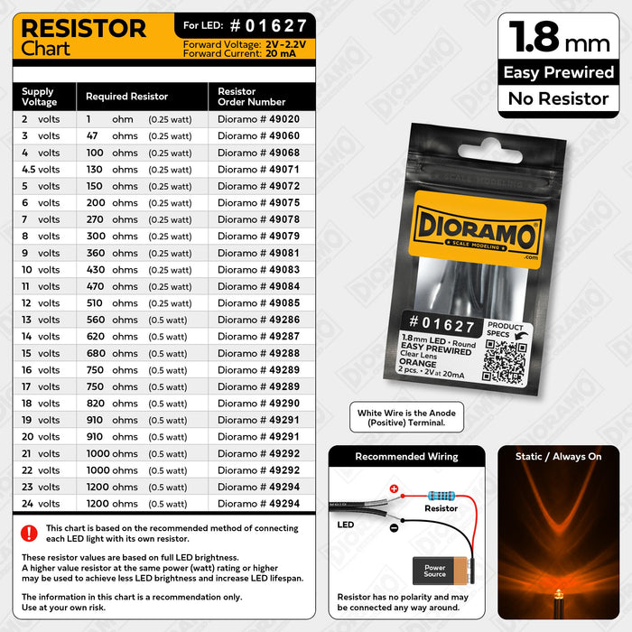 1.8mm Orange LED. Clear Lens. No Resistor Prewired. 2 pcs.