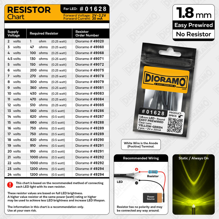 1.8mm Yellow-Green LED. Clear Lens. No Resistor Prewired. 2 pcs.