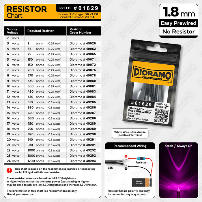 1.8mm Pink LED. Clear Lens. No Resistor Prewired. 2 pcs.