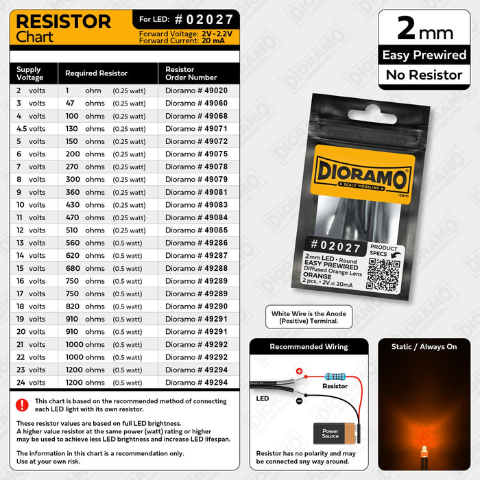 2mm Orange LED. Diffused Orange Lens. No Resistor Prewired. 2 pcs.