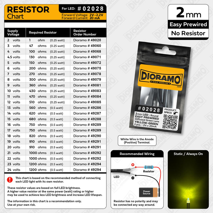 2mm Yellow-Green LED. Diffused Green Lens. No Resistor Prewired. 2 pcs