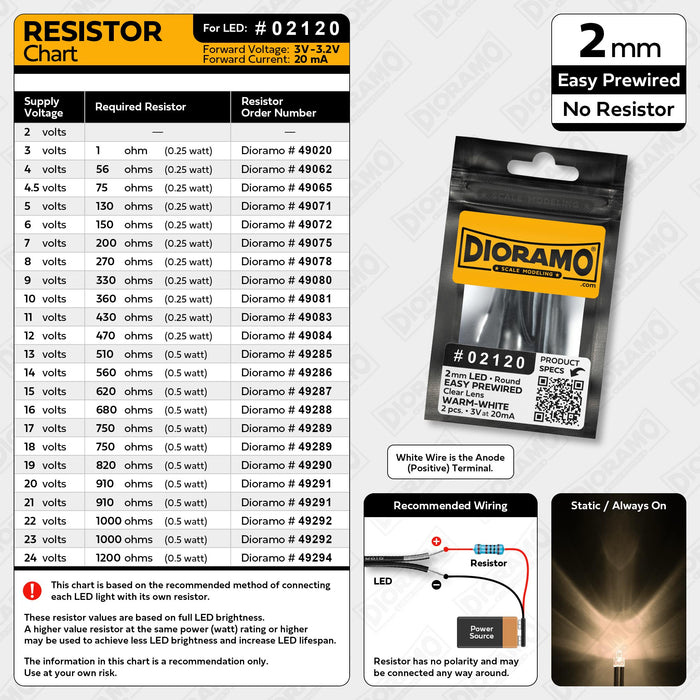2mm Warm-White LED. Clear Lens. No Resistor Prewired. 2 pcs.