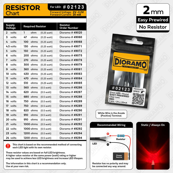 2mm Red LED. Clear Lens. No Resistor Prewired. 2 pcs.