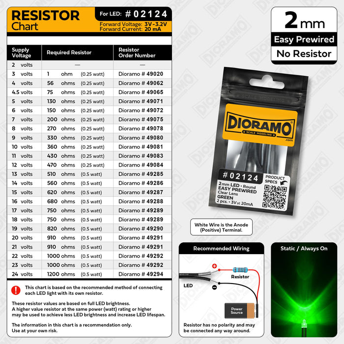 2mm Green LED. Clear Lens. No Resistor Prewired. 2 pcs.