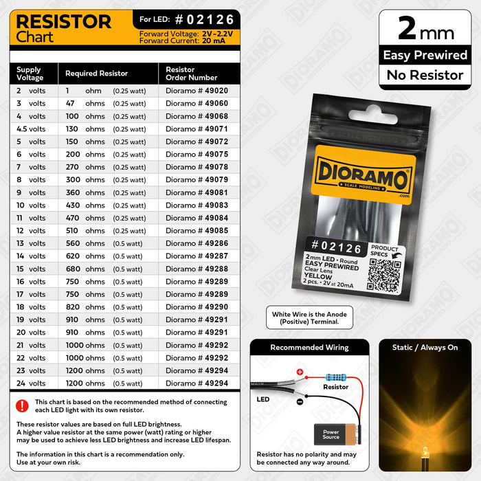 2mm Yellow LED. Clear Lens. No Resistor Prewired. 2 pcs.