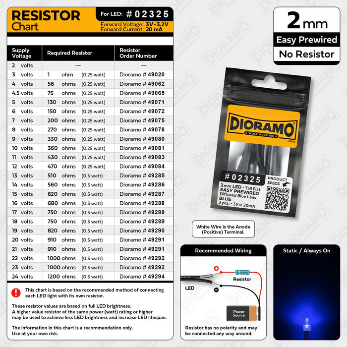 2mm Blue LED. Tall Flat Blue Lens. No Resistor Prewired. 2 pcs.