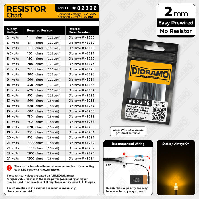 2mm Yellow LED. Tall Flat Yellow Lens. No Resistor Prewired. 2 pcs.
