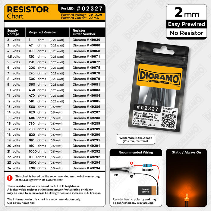 2mm Orange LED. Tall Flat Orange Lens. No Resistor Prewired. 2 pcs.