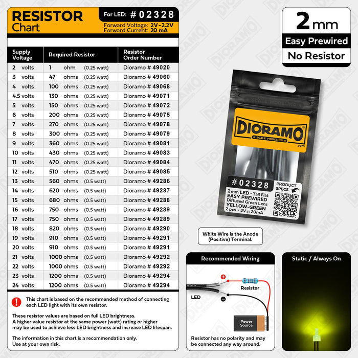 2mm Yellow-Green LED. Tall Flat Green Lens. No Resistor Prewired. 2pcs