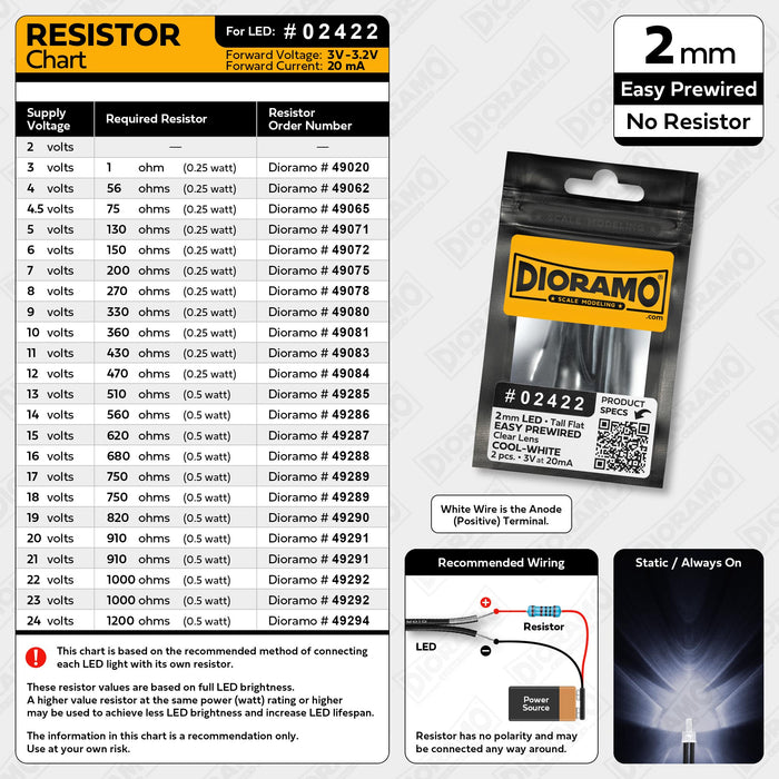 2mm Cool-White LED. Tall Clear Lens. No Resistor Prewired. 2 pcs.