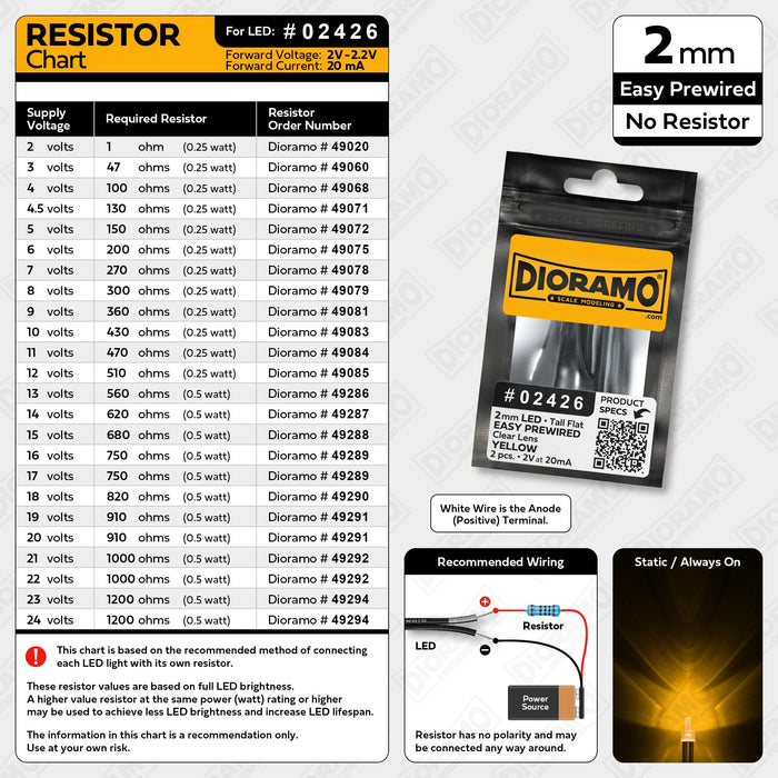 2mm Yellow LED. Tall Clear Lens. No Resistor Prewired. 2 pcs.