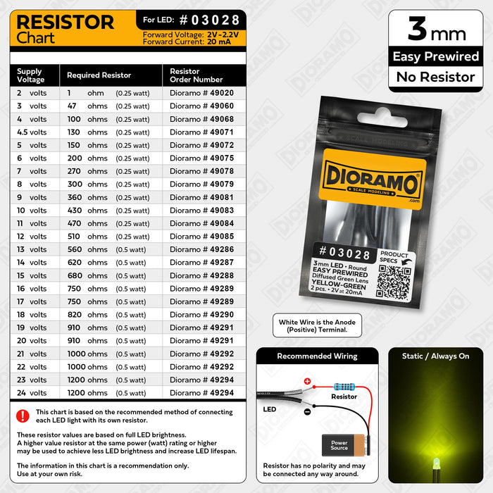 3mm Yellow-Green LED. Diffused Green Lens. No Resistor Prewired. 2pcs.