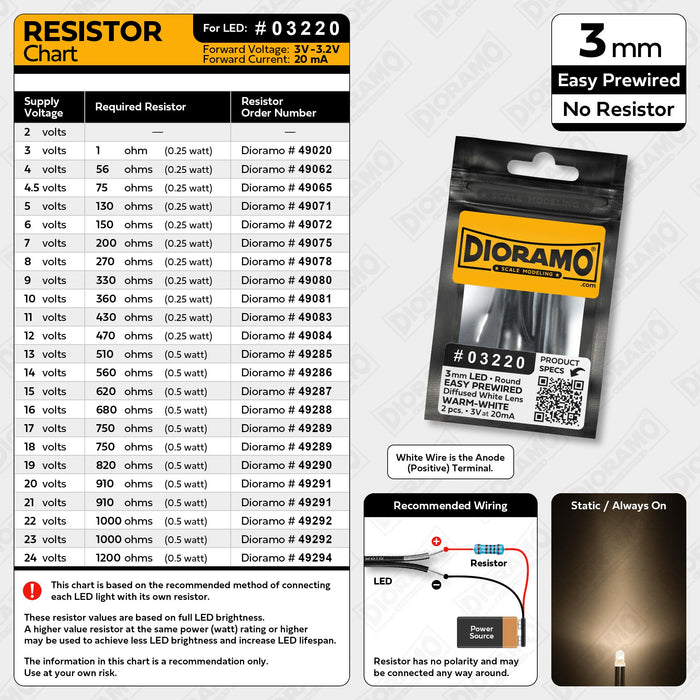 3mm Warm-White LED. Diffused White Lens. No Resistor Prewired. 2 pcs.