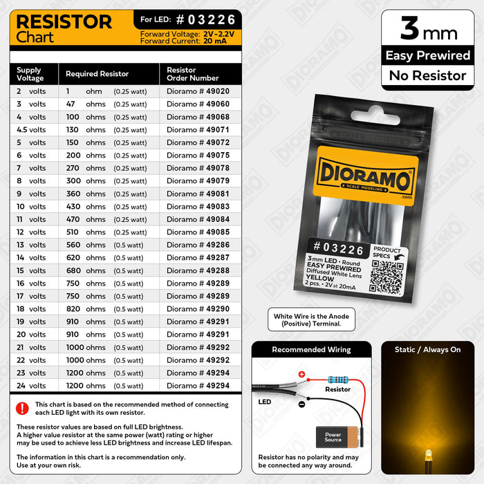 3mm Yellow LED. Diffused White Lens. No Resistor Prewired. 2 pcs.