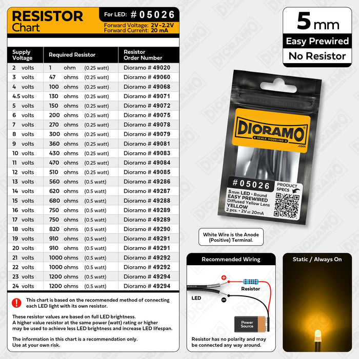 5mm Yellow LED. Diffused Yellow Lens. No Resistor Prewired. 2 pcs.