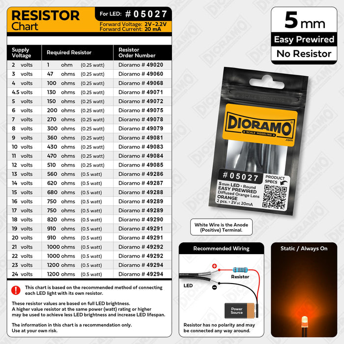 5mm Orange LED. Diffused Orange Lens. No Resistor Prewired. 2 pcs.