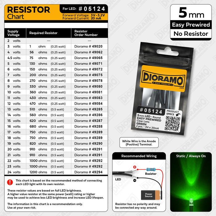 5mm Green LED. Clear Lens. No Resistor Prewired. 2 pcs.