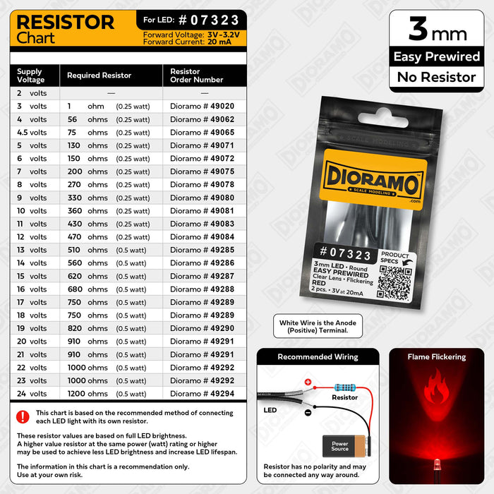 3mm Red Flame Flickering LED Lights. No Resistor Prewired 1ft. 2 pcs.