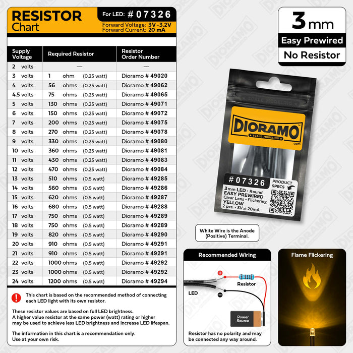 3mm Yellow Flame Flickering LED Lights. No Resistor Prewired 1ft. 2pcs