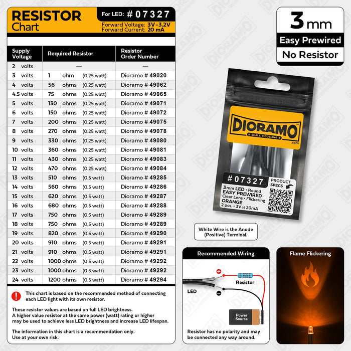 3mm Orange Flame Flickering LED Lights. No Resistor Prewired 1ft. 2pcs