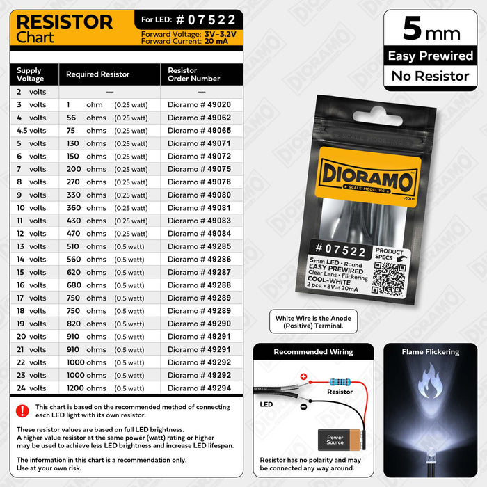 5mm Cool-White Flame Flicker LED Lights. No Resistor Prewired. 2 pcs.