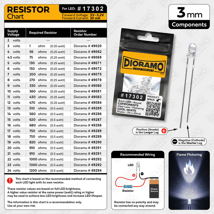 3mm Cool-White Flame Flicker LED Components. Clear Lens Round. 10 pcs.