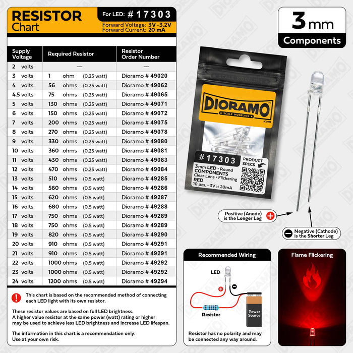 3mm Red Flame Flickering LED Components. Clear Lens. Round. 10 pcs.