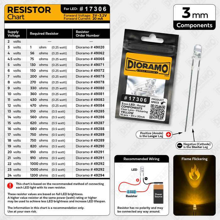 3mm Yellow Flame Flickering LED Components. Clear Lens. Round. 10 pcs.