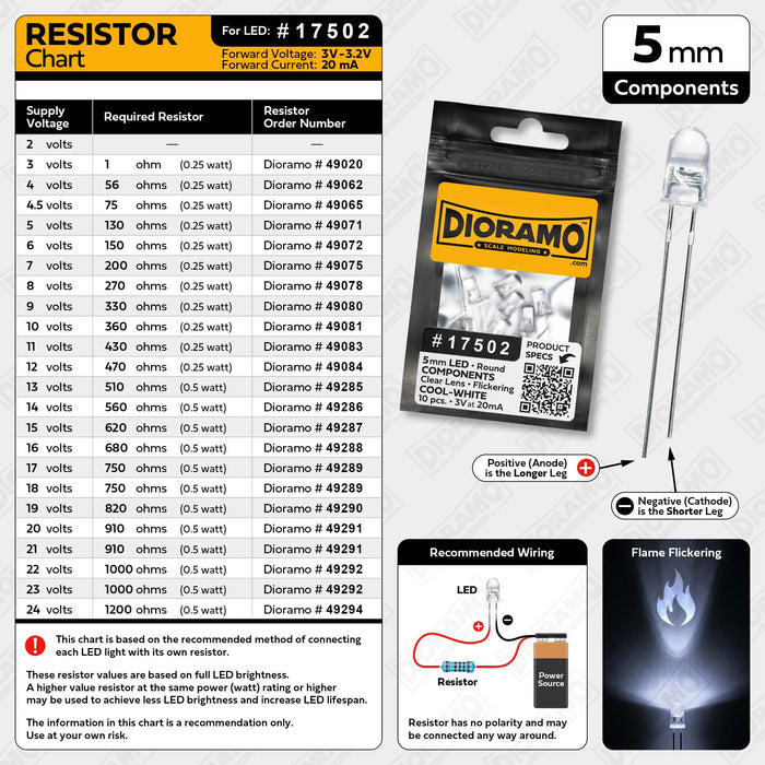 5mm Cool-White Flame Flicker LED Components. Clear Lens Round. 10 pcs.