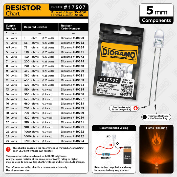 5mm Orange Flame Flickering LED Components. Clear Lens. Round. 10 pcs.