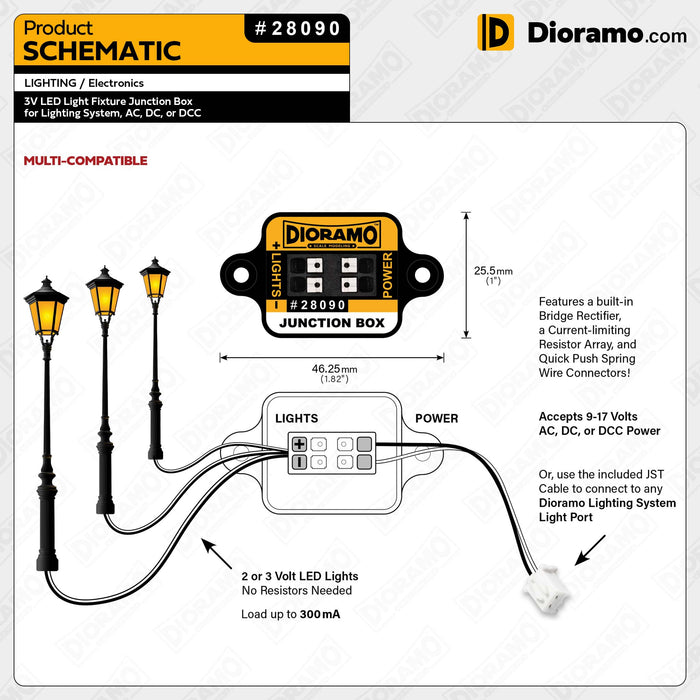 3V LED Light Fixture Junction Box for Lighting System, AC, DC, or DCC
