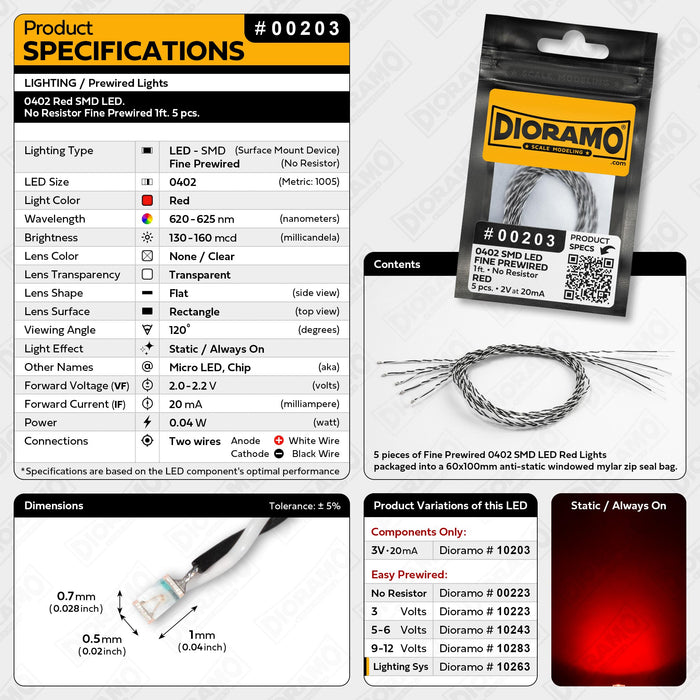 0402 Red SMD LED. No Resistor Fine Prewired 1ft. 5 pcs.