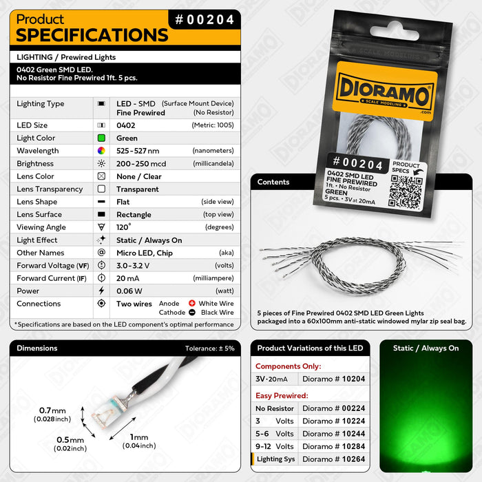 0402 Green SMD LED. No Resistor Fine Prewired 1ft. 5 pcs.