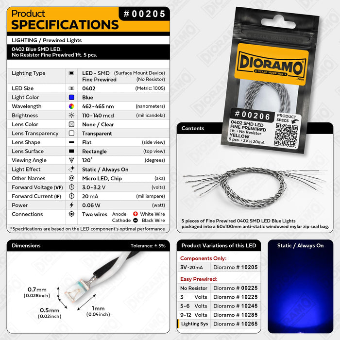 0402 Blue SMD LED. No Resistor Fine Prewired 1ft. 5 pcs.