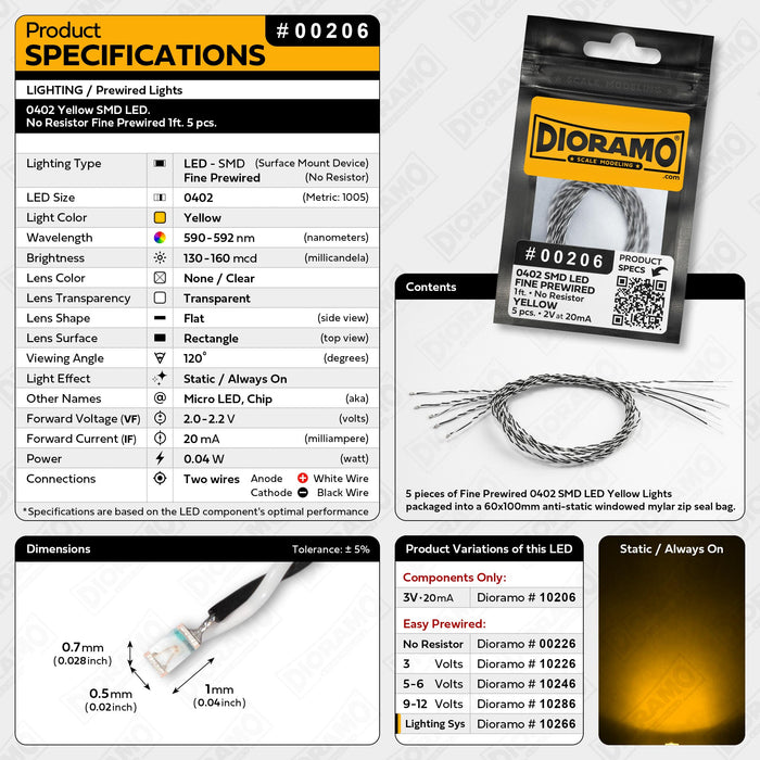 0402 Yellow SMD LED. No Resistor Fine Prewired 1ft. 5 pcs.