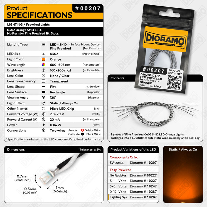 0402 Orange SMD LED. No Resistor Fine Prewired 1ft. 5 pcs.
