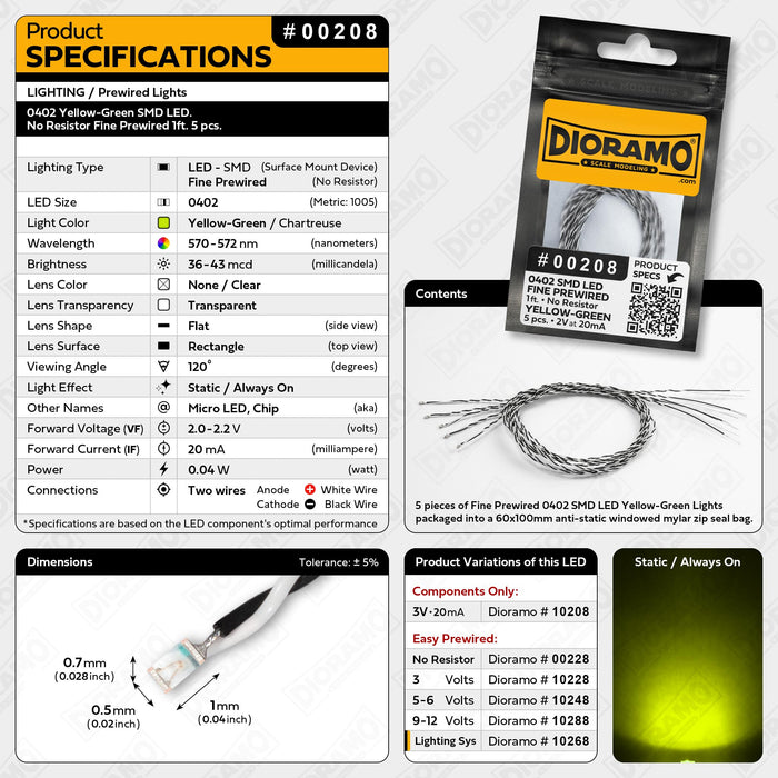 0402 Yellow-Green SMD LED. No Resistor Fine Prewired 1ft. 5 pcs.