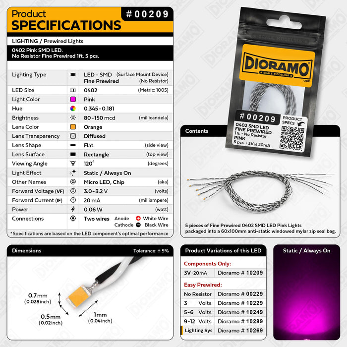 0402 Pink SMD LED. No Resistor Fine Prewired 1ft. 5 pcs.