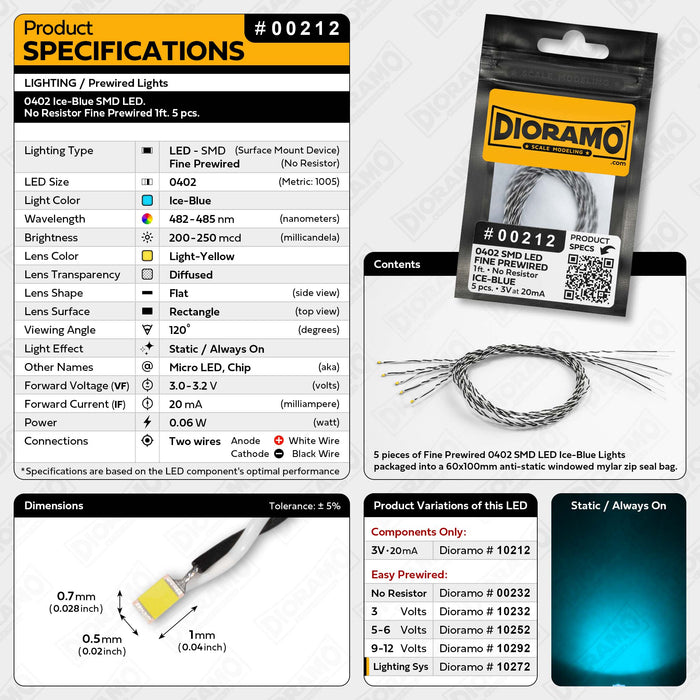 0402 Ice-Blue SMD LED. No Resistor Fine Prewired 1ft. 5 pcs.