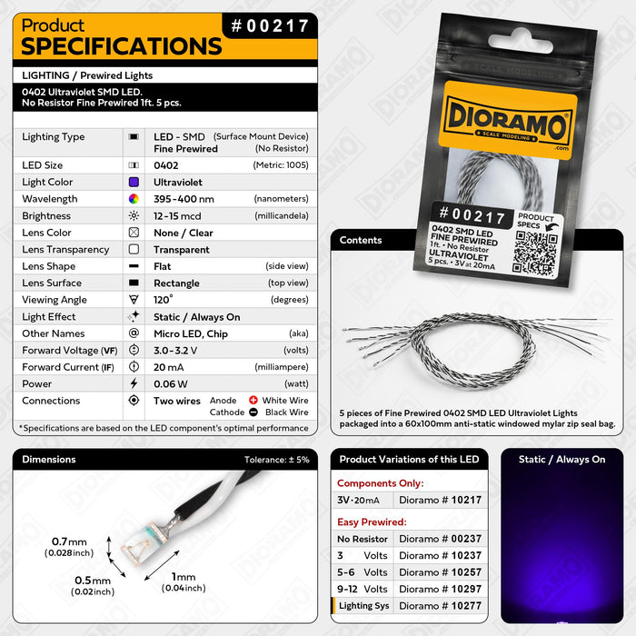 0402 Ultraviolet SMD LED. No Resistor Fine Prewired 1ft. 5 pcs.