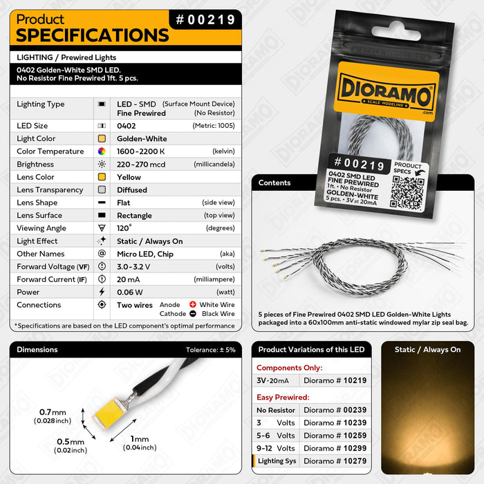 0402 Golden-White SMD LED. No Resistor Fine Prewired 1ft. 5 pcs.