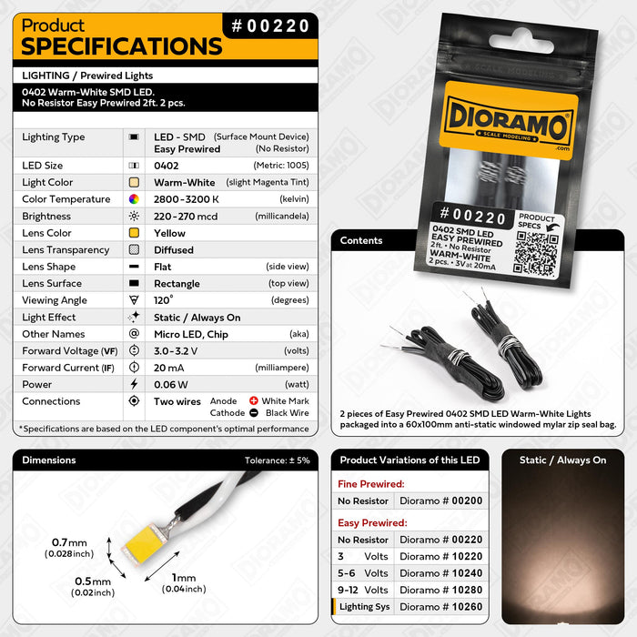 0402 Warm-White SMD LED. No Resistor Easy Prewired 2ft. 2 pcs.