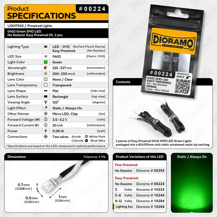 0402 Green SMD LED. No Resistor Easy Prewired 2ft. 2 pcs.