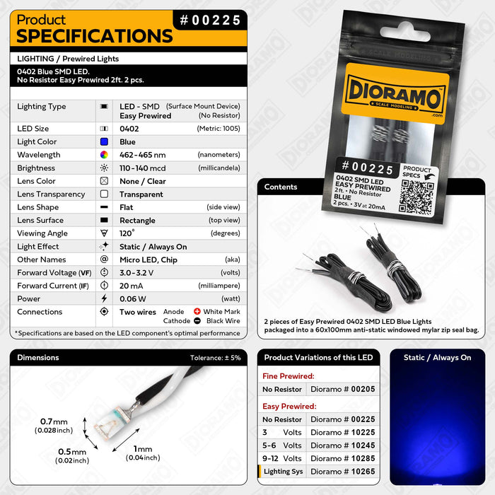 0402 Blue SMD LED. No Resistor Easy Prewired 2ft. 2 pcs.