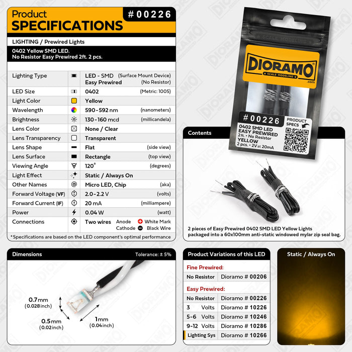 0402 Yellow SMD LED. No Resistor Easy Prewired 2ft. 2 pcs.