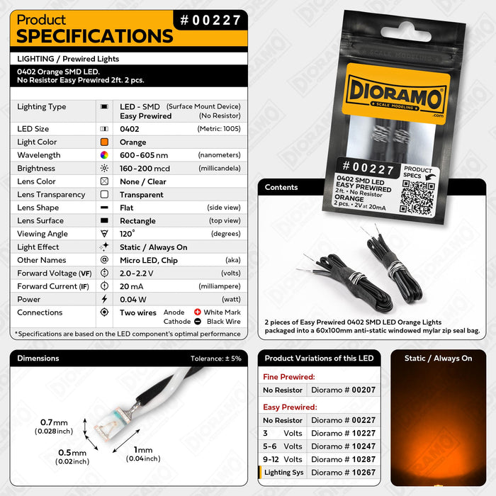 0402 Orange SMD LED. No Resistor Easy Prewired 2ft. 2 pcs.