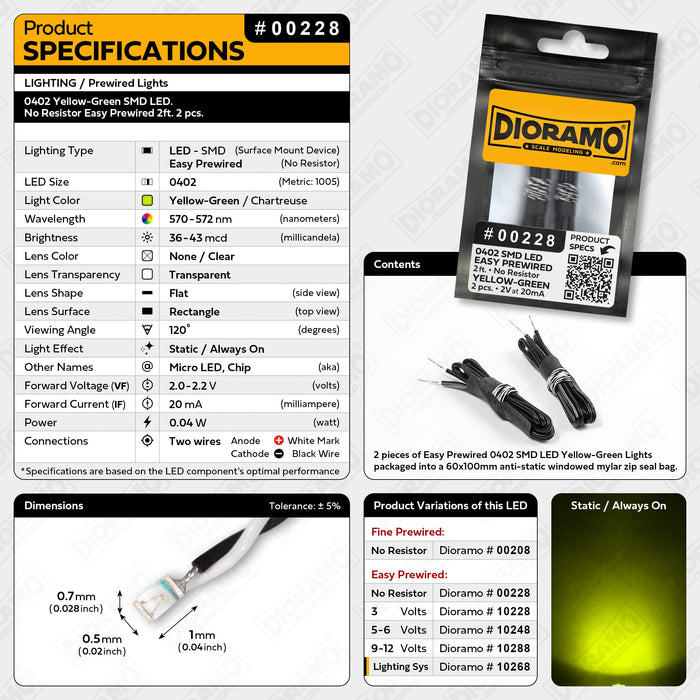 0402 Yellow-Green SMD LED. No Resistor Easy Prewired 2ft. 2 pcs.