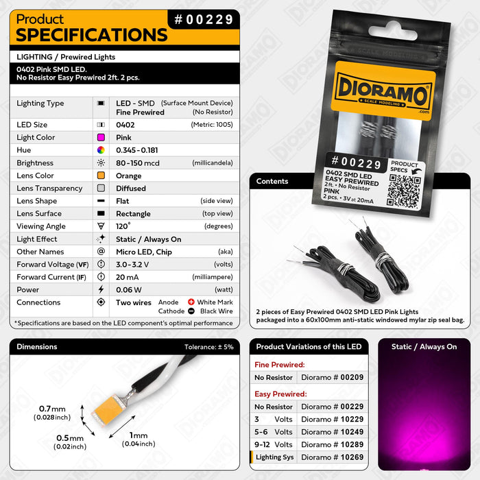0402 Pink SMD LED. No Resistor Easy Prewired 2ft. 2 pcs.