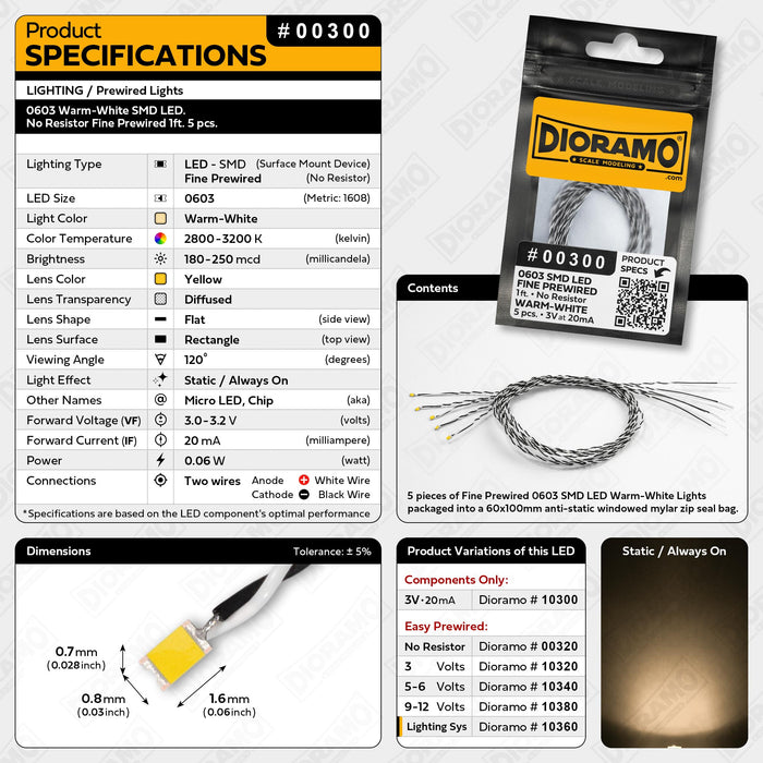 0603 Warm-White SMD LED. No Resistor Fine Prewired 1ft. 5 pcs.